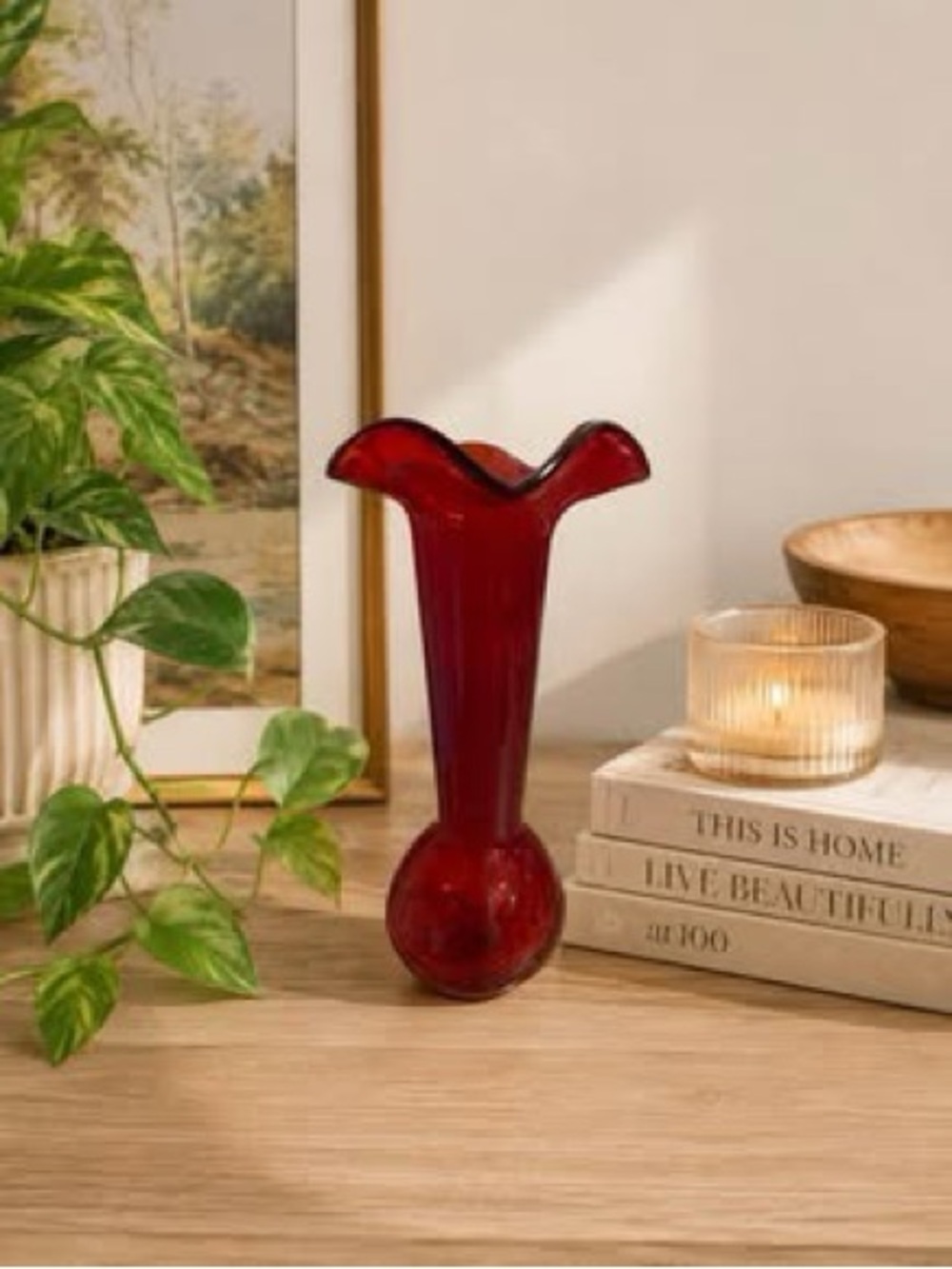 MCM Red Handblown Fluted Bud Vase